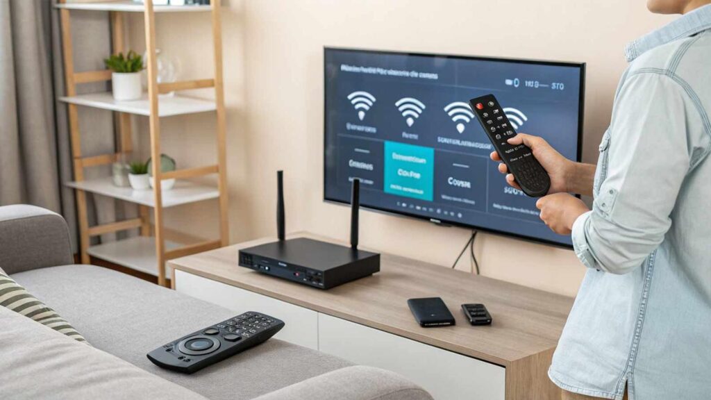 IPTV on multiple devices including a Smart TV, smartphone, tablet, and laptop.