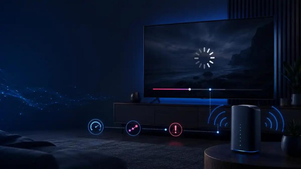 IPTV buffering at night on a Smart TV in a modern living room