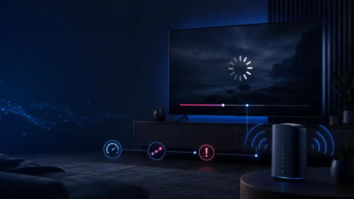 IPTV buffering at night on a Smart TV in a modern living room